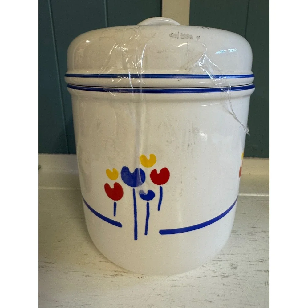 Vintage Riva Designs Tulips Ceramic Canister with Lid White Blue Red Japan MCM